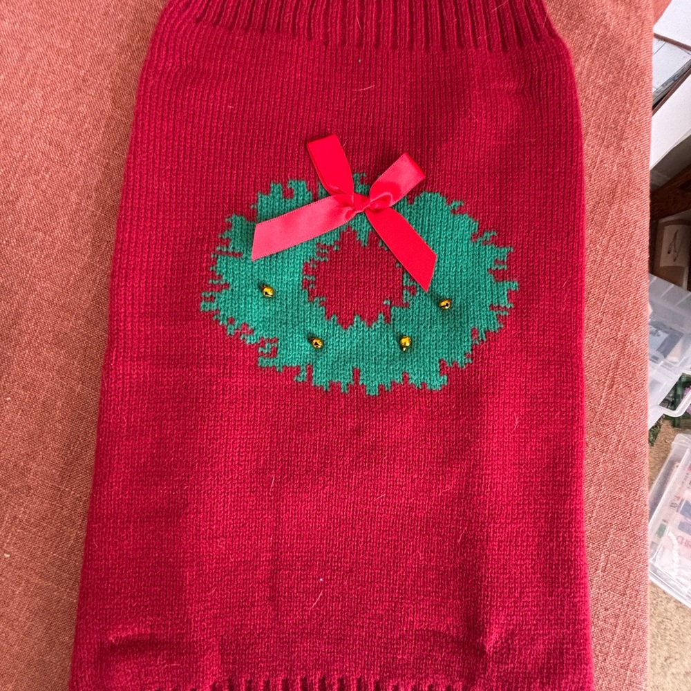 Festive Red Dog Sweater with Green Wreath